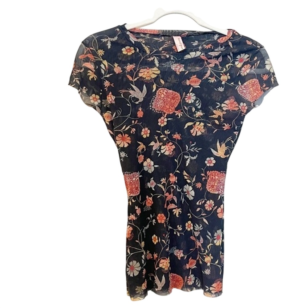 Sweet Pea by Stacy Frati Floral Mesh Top Navy Blue Sheer Cap Sleeve Y2K Large